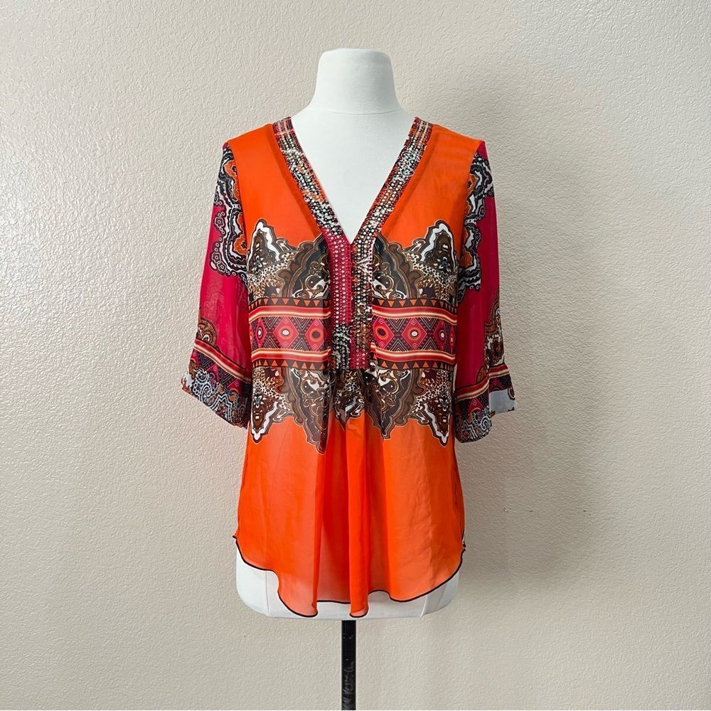 Joseph Ribkoff Colorful Sheer Blouse with Multicolored Rhinestones Size 6 - Picture 3 of 15